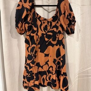 Nine West Floral Puff Sleeve Dress - Black and Orange XXL